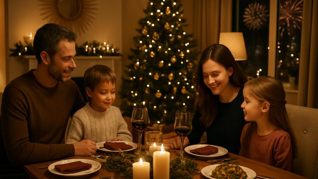 Famiglia con bambini in ambiente accogliente per Capodanno