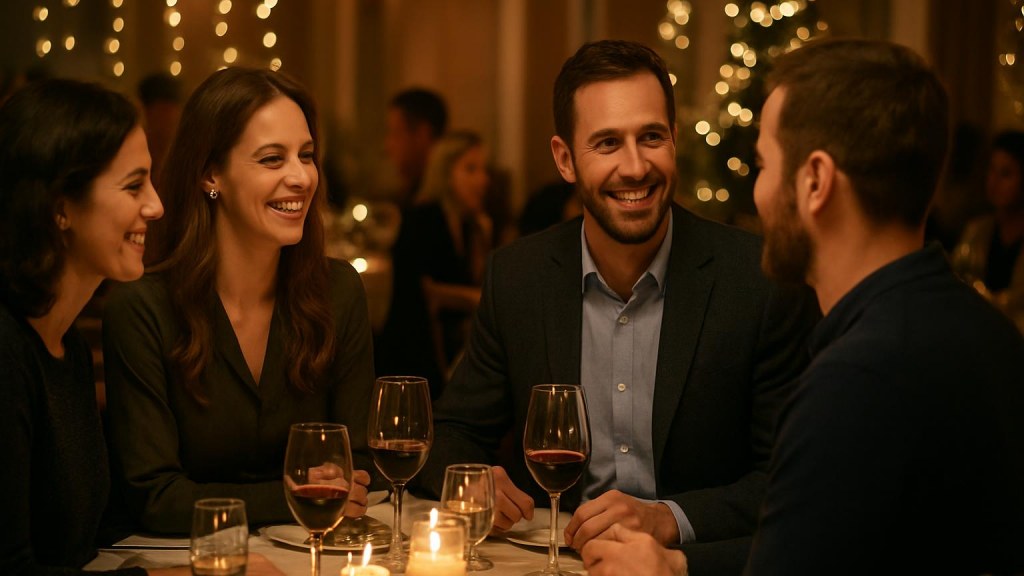 Gruppo di adulti in contesto conviviale per Capodanno